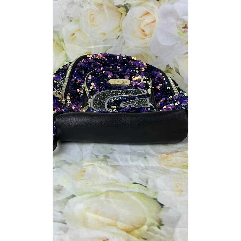 JUSTICE Backpack Purse Monogram Letter G Flip Sequins Multi-color Purple Gold